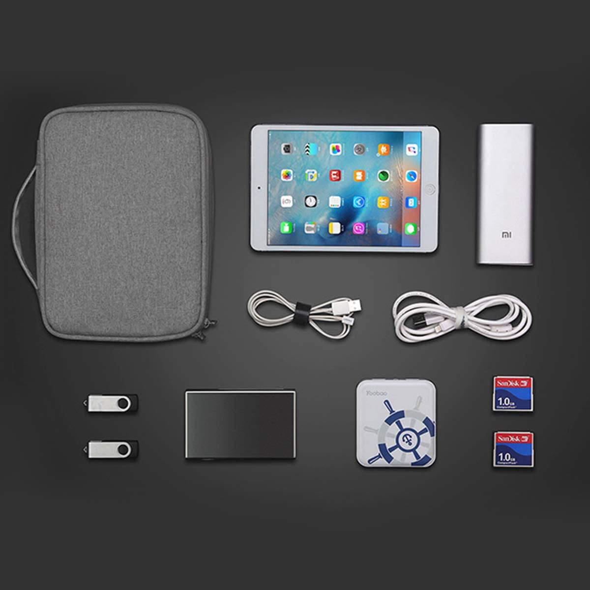 Large Travel Cable Organizer Bag for Electronics Accessories - Two-Layer Design for iPad Mini, Kindle, Hard Drives, Cables, Chargers - Grey