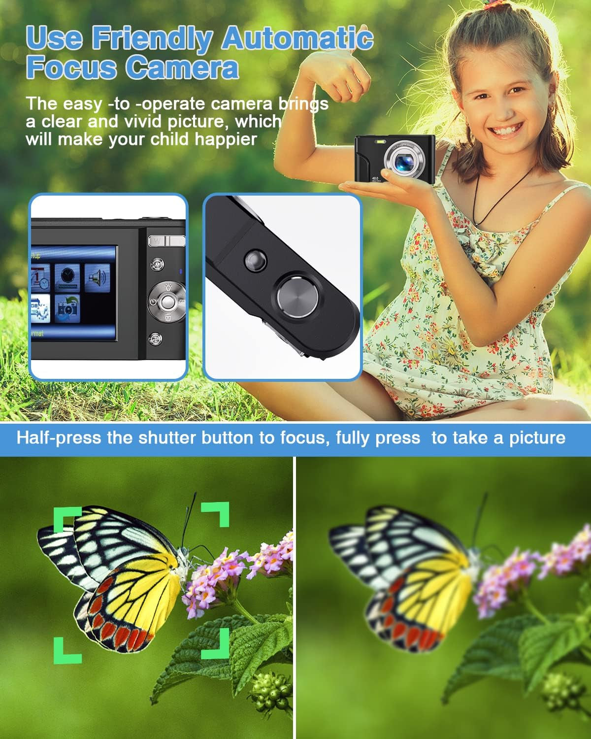 Portable Kid Camera | 48MP Autofocus Digital Camera with 32GB Card | FHD 1080P Vlogging Camera | Compact Mini Camera for 5-10 Year Old Girls and Boys | Black