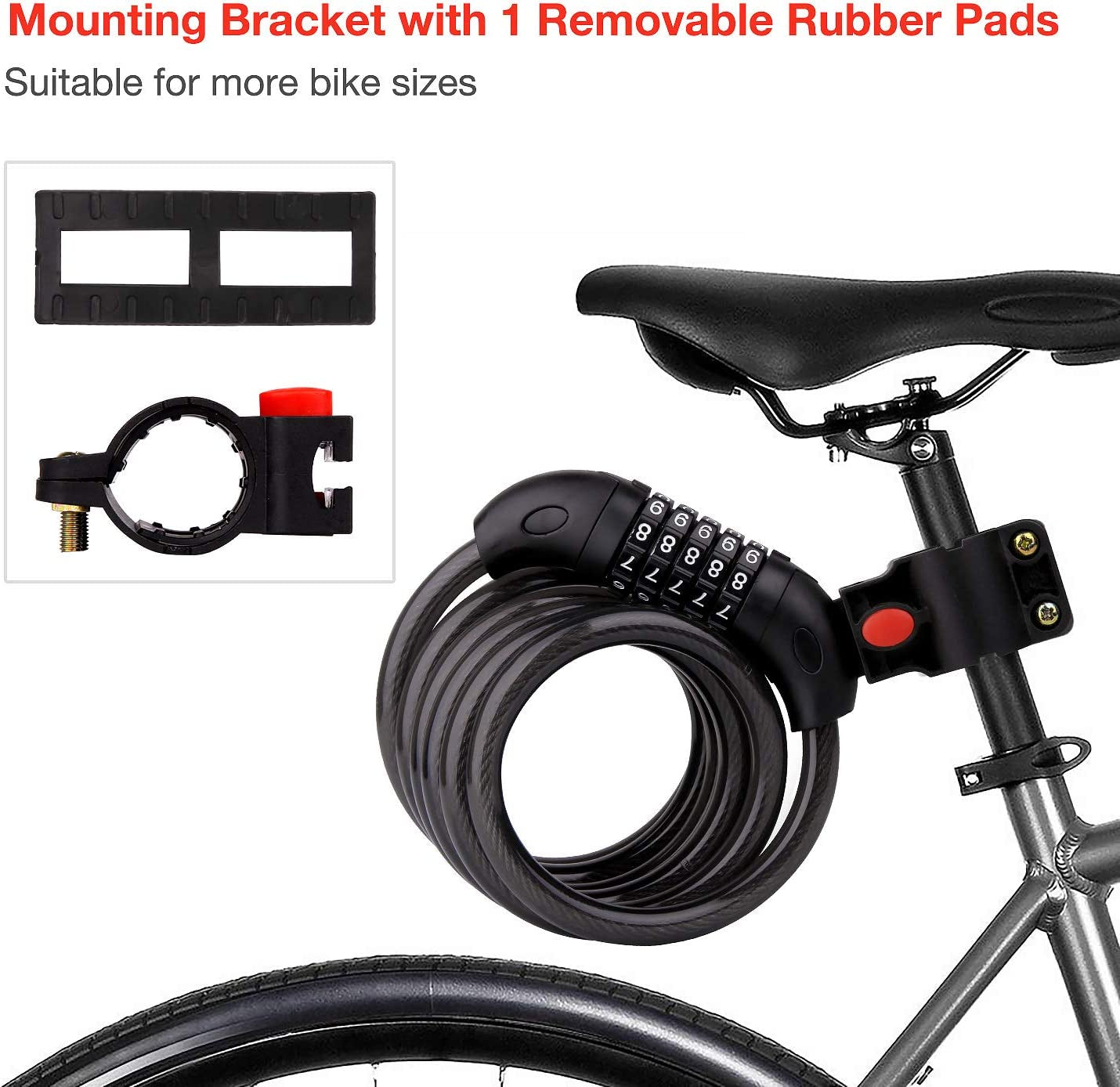 Heavy Duty 5-Digit Combination Cable Chain Lock for Bicycles, Motorcycles, and Scooters - 1.2cm/4ft Long, 0.5"/12mm Diameter, with Mounting Bracket