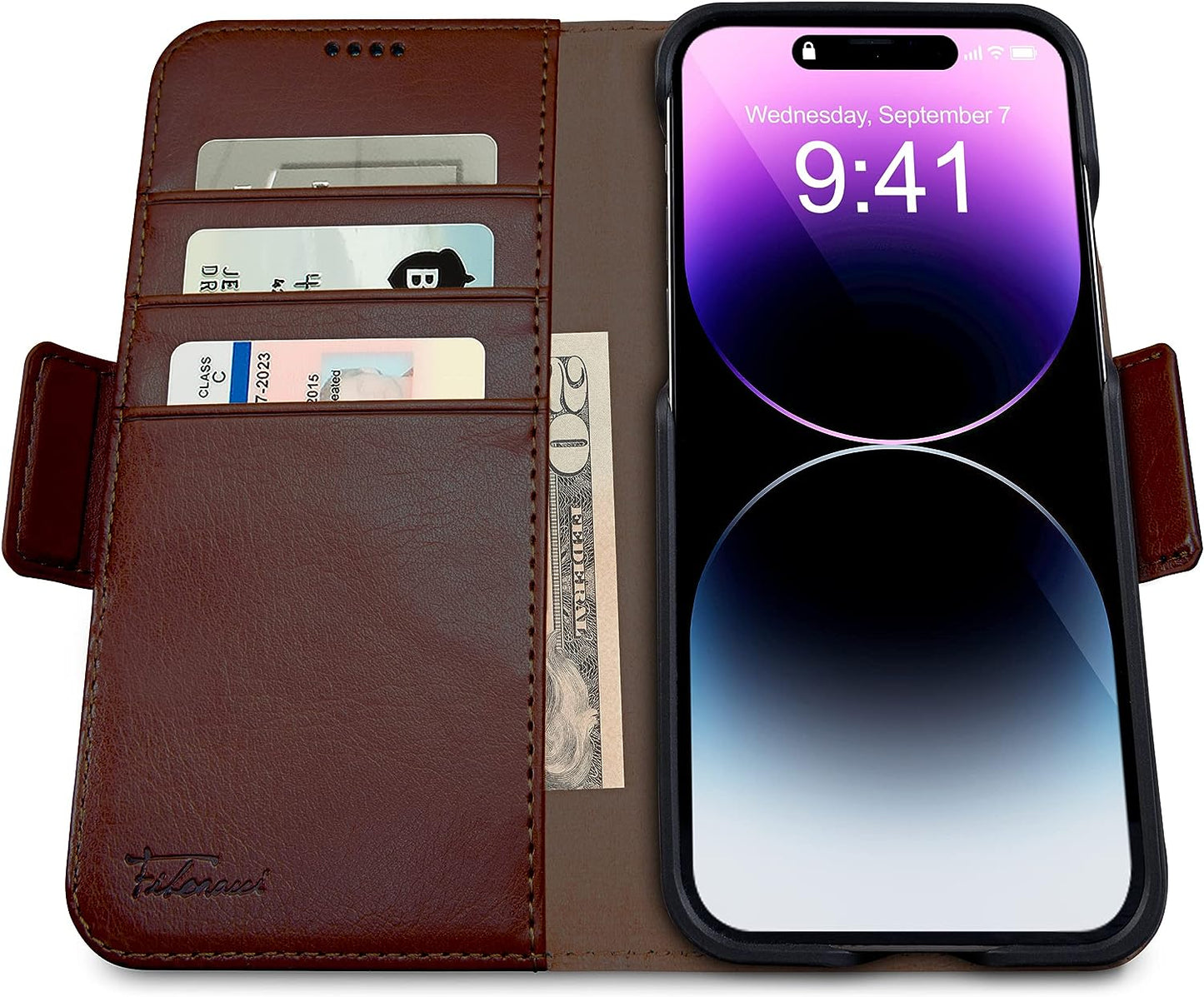 2-in-1 Wallet Case for Apple iPhone 14 Pro Max - Crafted from Luxury Vegan Leather - Features Magnetic Detachable Shockproof Phone Case - Provides RFID Card Protection - Magsafe Compatible - Color: Coffee.