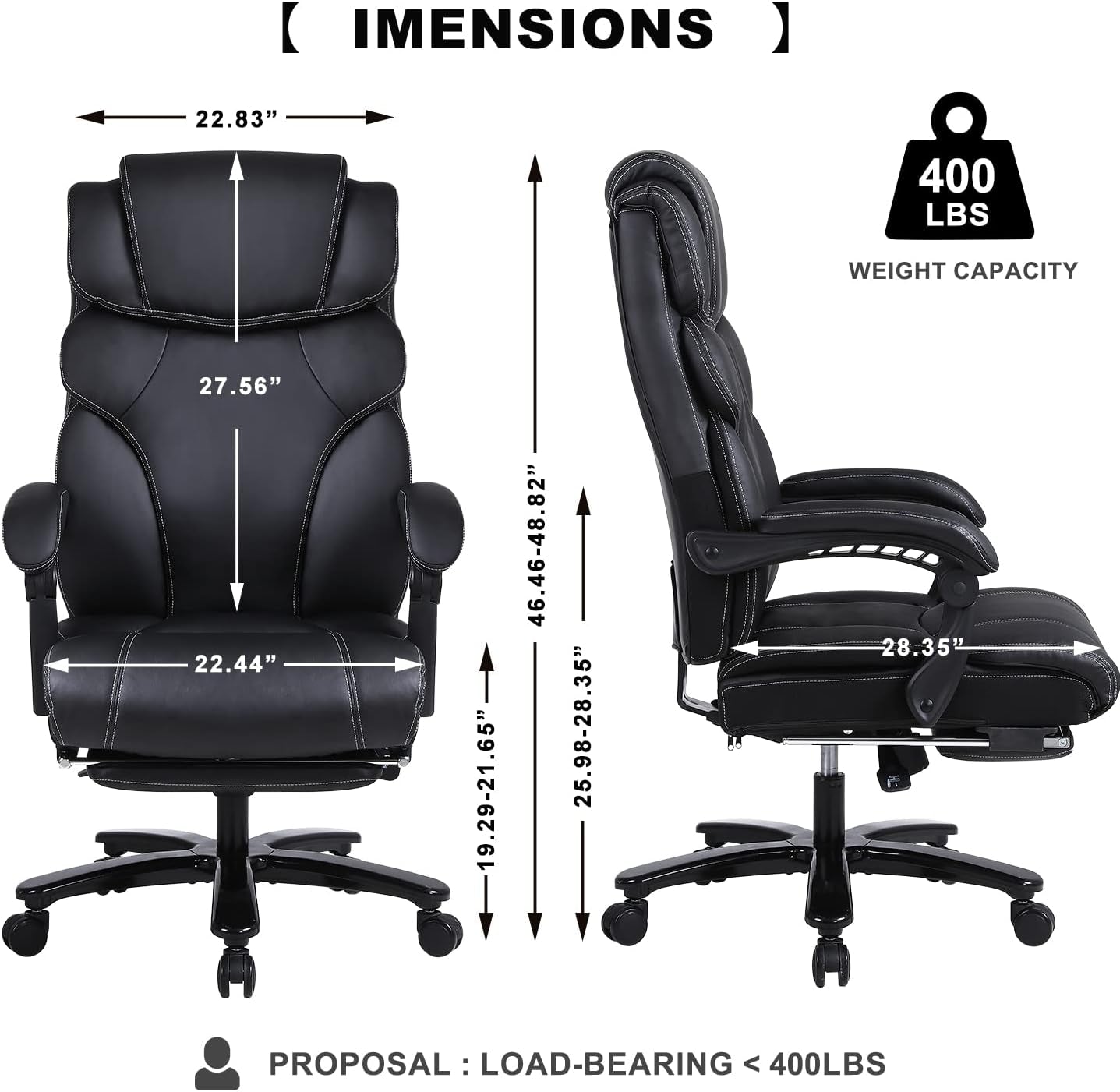 Tall Executive Office Chair - Ergonomic Leather Reclining Computer Desk Chair with Footrest, Adjustable Tilt Angle, High Back, Heavy Duty Metal Base, and Thick Padding. Identified as Model 9298-1 in Black.