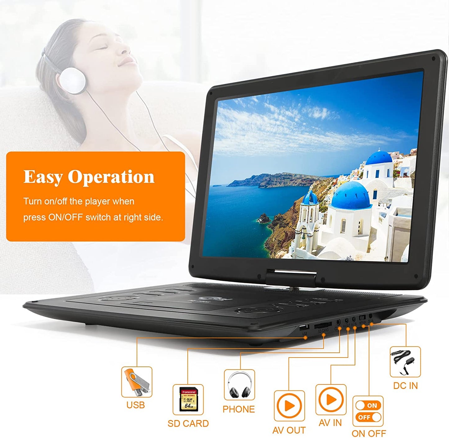 Portable DVD Player with a Large 15.6" HD Screen, 6-Hour Rechargeable Battery, and support for CD/DVD/SD Card/USB playback. Features High-Volume Speaker and note that it does not support Blu-Ray discs.