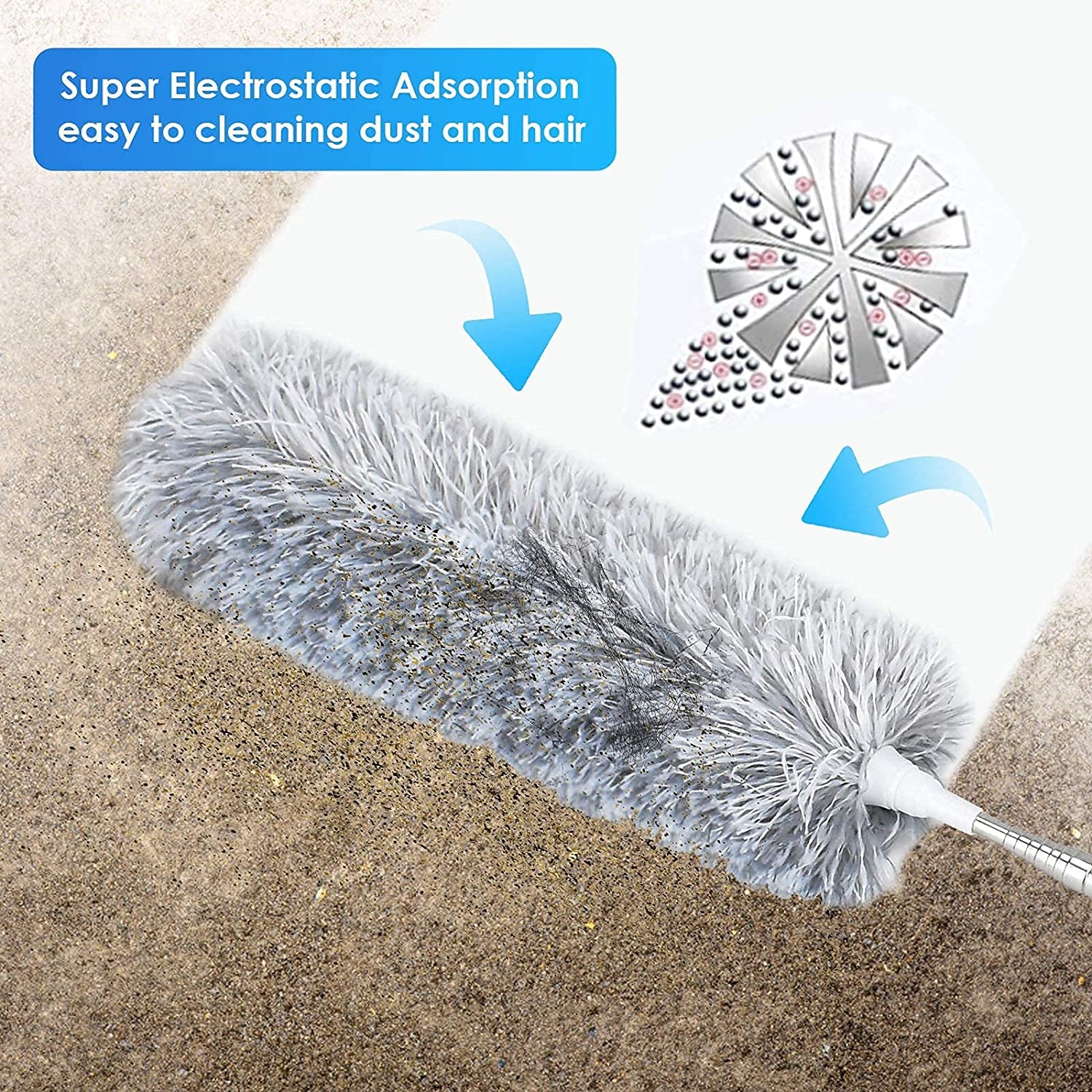 Telescoping Microfiber Duster with Stainless Steel Extension Pole - Detachable Bendable Head, Ideal for Cleaning Ceiling Fan, High Ceilings, and Furniture