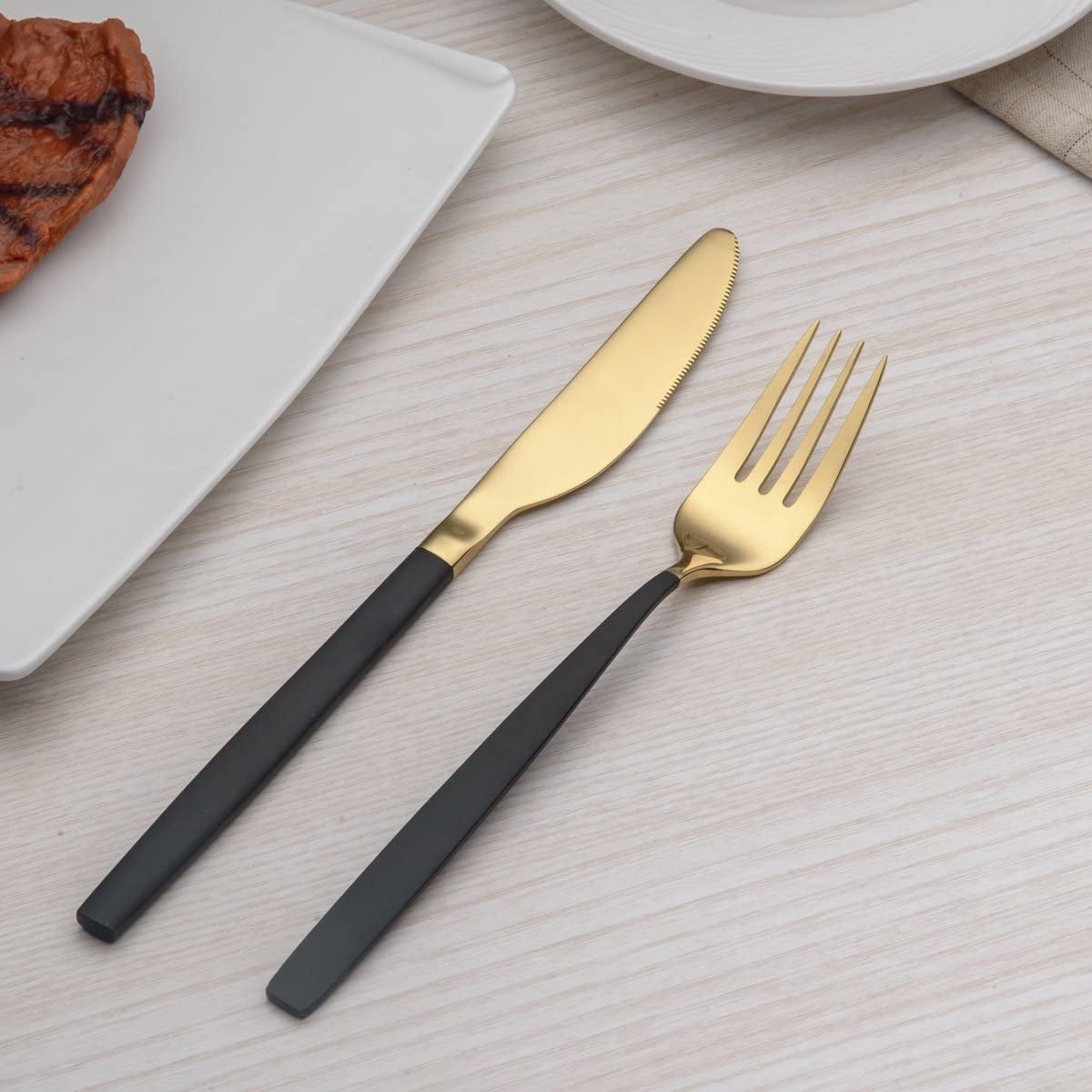  Black and  Golden 20-Piece Titanium-Plated Stainless Steel Flatware Set - Features Black Handles with Golden Accents, Providing a Unique and Elegant Black and Golden Cutlery Set for Service for 4.