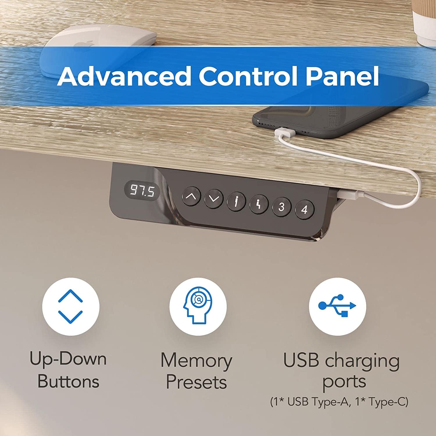 Standing Desk Electric Stand Up Desk with 40 x 24 Inches Ergonomic Memory Controller Height Adjustable Desk with USB Charging Ports(White Frame + Classic Gray Desktop)