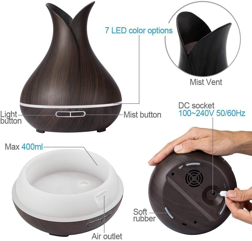 400ML Remote Control Essential Oil Diffuser: Ultrasonic Aromatherapy, Large Room Coverage. Wood Grain Cool Mist Humidifier, Quiet, Lasts Full Day/Night. Perfect for Home, Office, Spa, Baby & Kids' Room (Dark Wood).