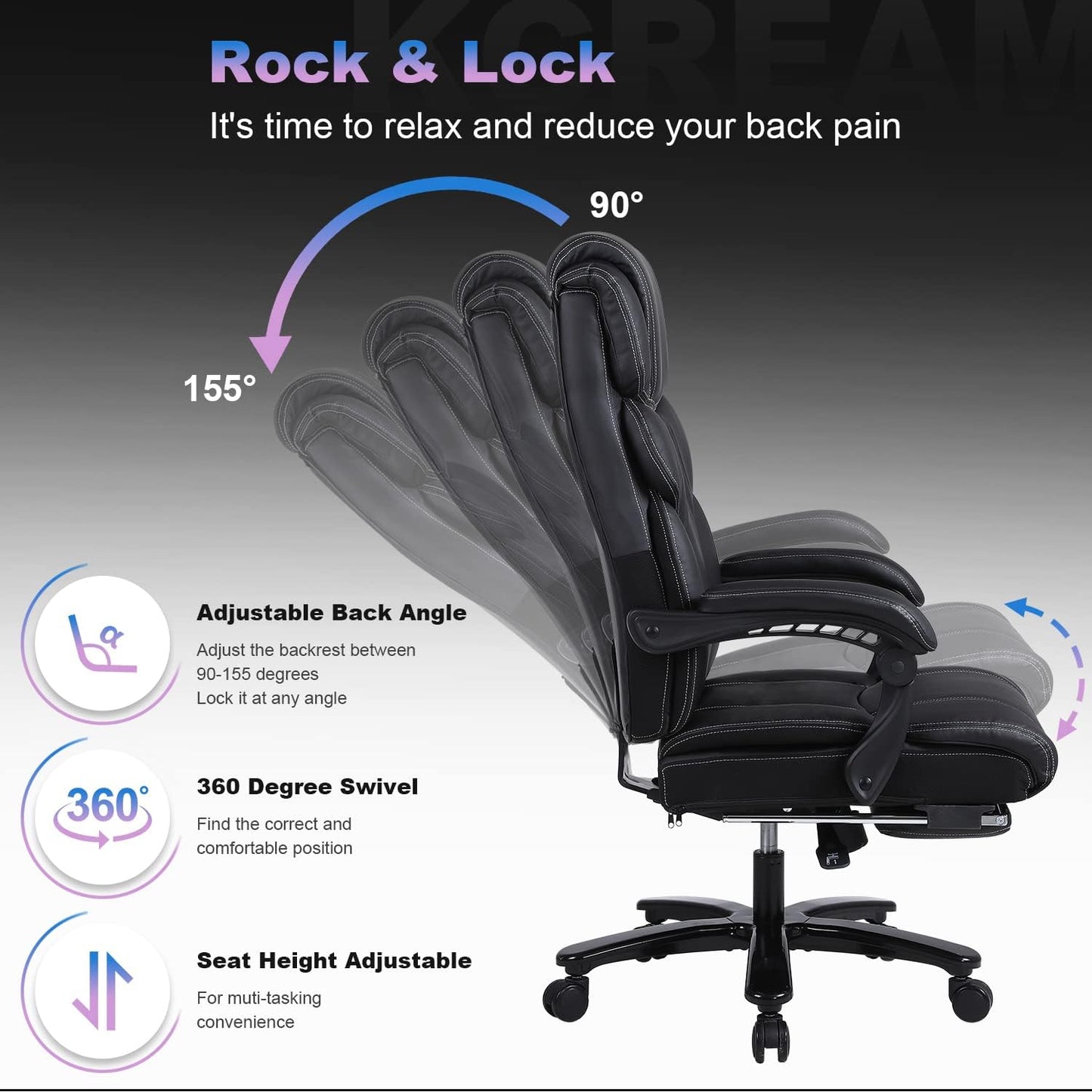 Tall Executive Office Chair - Ergonomic Leather Reclining Computer Desk Chair with Footrest, Adjustable Tilt Angle, High Back, Heavy Duty Metal Base, and Thick Padding. Identified as Model 9298-1 in Black.