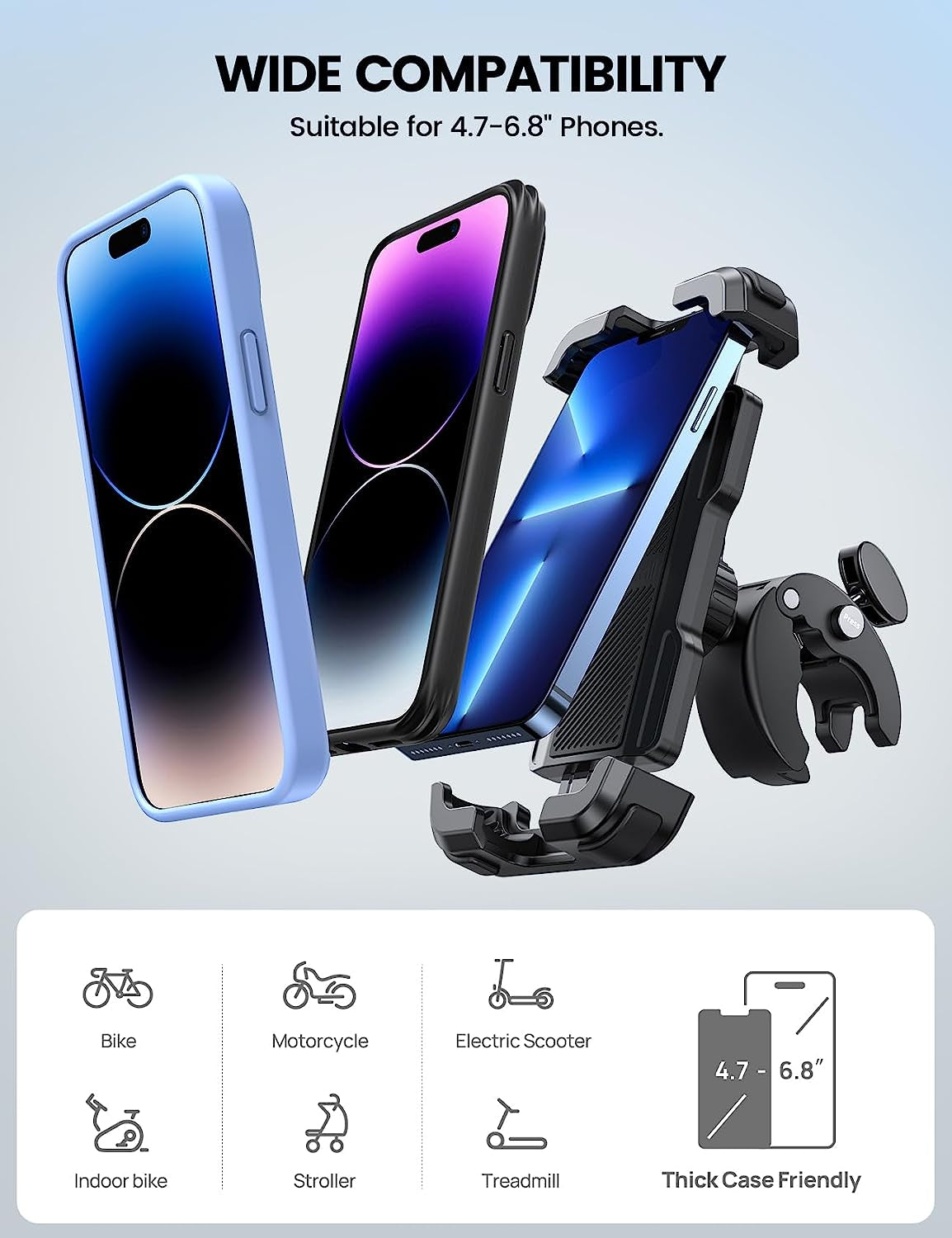 Motorcycle Phone Mount Holder - Adjustable Cell Phone Bike Holder for iPhone 14 15 Pro Max, iPhone 13 12, Galaxy S23, and 4.7"- 6.8" Cellphones - Secure Bicycle Scooter Handlebar Phone Cradle Clip