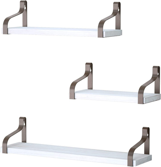 Set of 3 Floating Shelves - Wall Mounted - Rustic Wood Design - Suitable for Bedroom, Living Room, Bathroom, Kitchen, and Office - Features Rustic White/Brown Brackets - Provides Stylish Wall Storage.