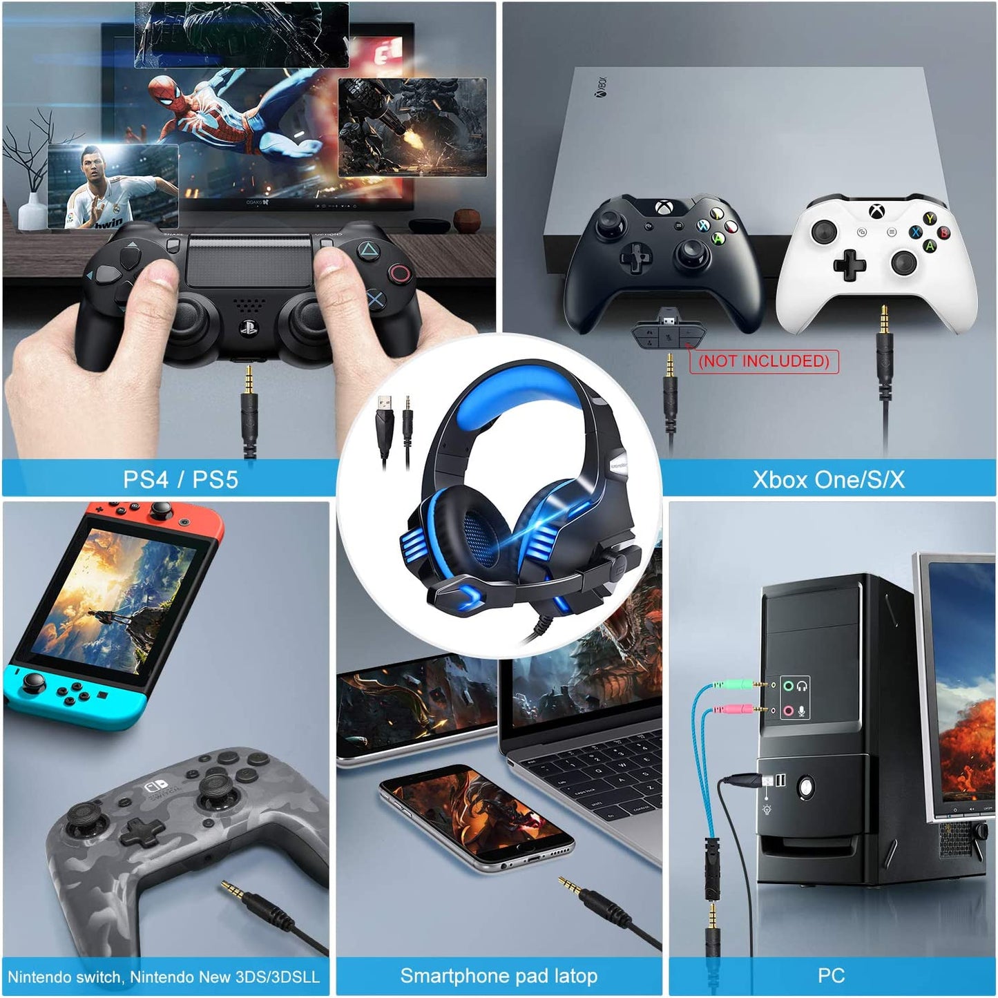 Over Ear Gaming Headphones with Noise Cancelling Microphone, Volume Control, RGB LED Light - Compatible with PS4, Xbox One, PC, Laptop, Mac, Tablet, Smart Phone