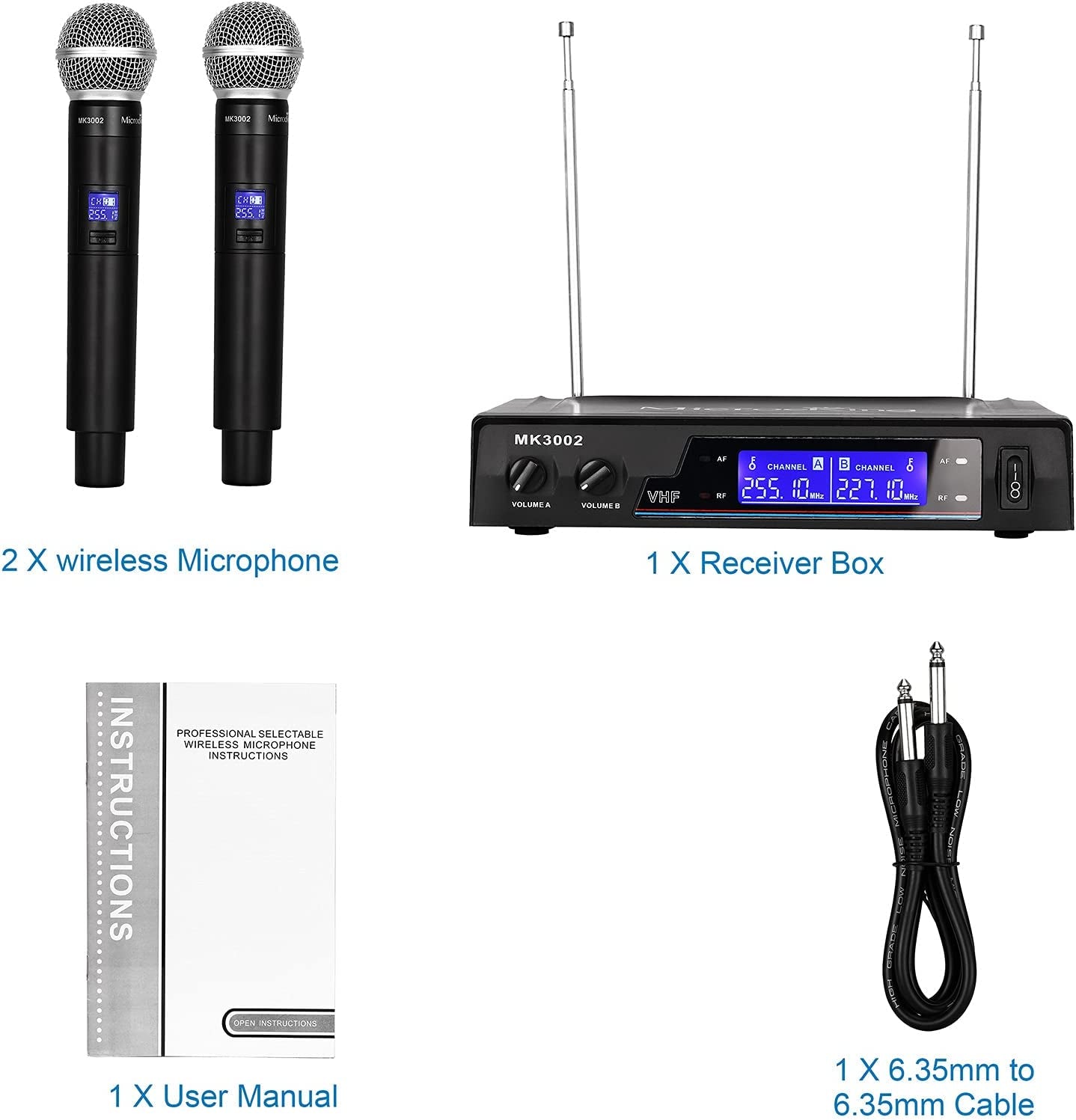 Wireless Microphone System with Dynamic Handheld Microphones - Offers an Operating Range of 150-260 Feet and up to 16 Hours of Continuous Use. Ideal for Karaoke, Parties, DJing, Church Services, Weddings, and Indoor/Outdoor Activities.