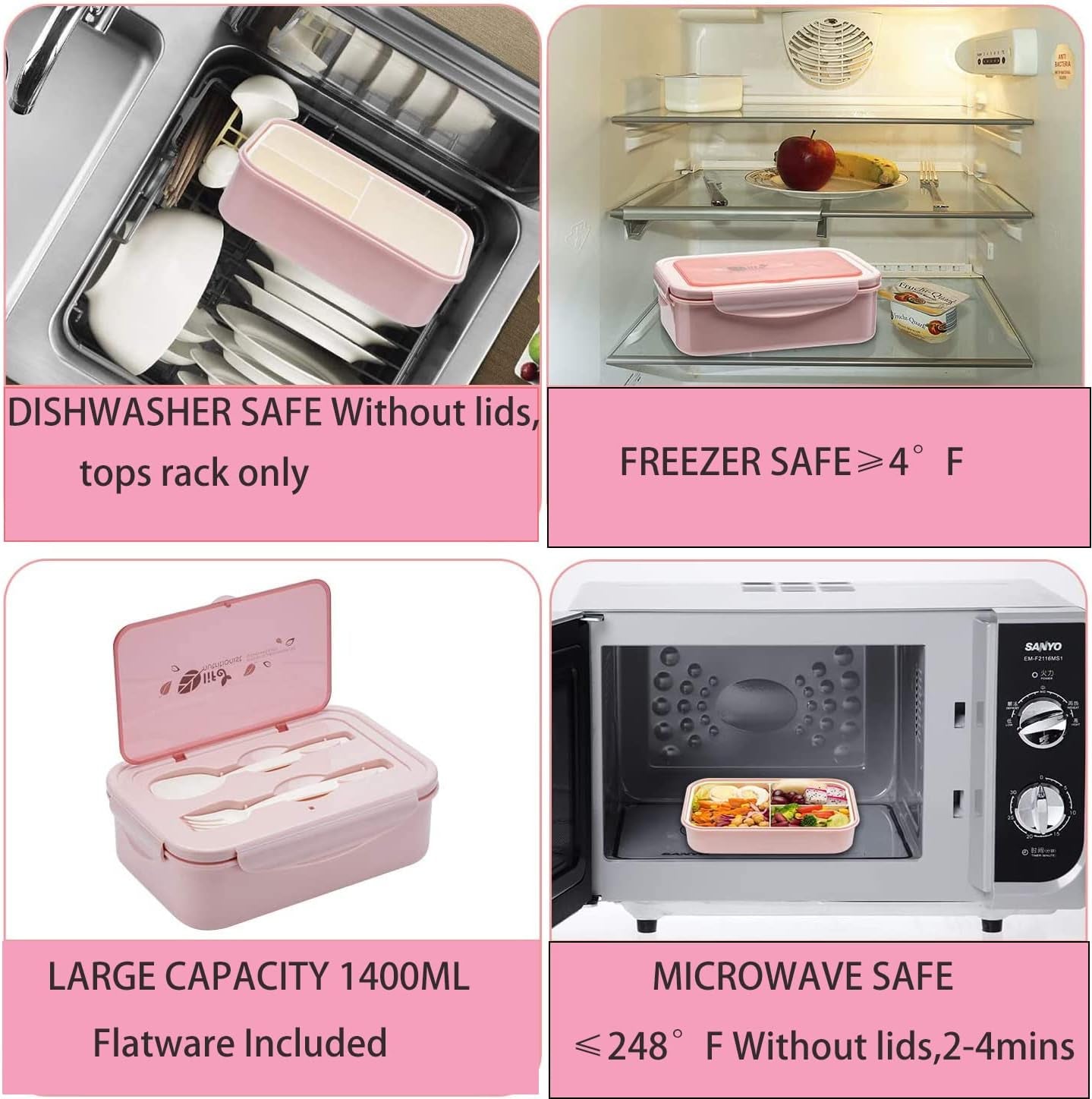 Bento Lunch Boxes for Adults and Kids - 1100 ML Capacity - Includes Spoon & Fork - Durable and Leak-Proof Design for On-The-Go Meals - Made from BPA-Free and Food-Safe Materials - Pink Color.