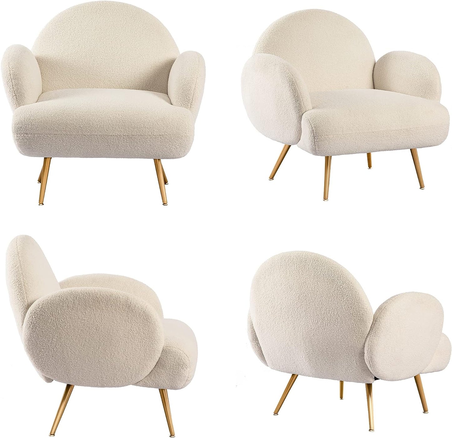 White Accent Sherpa Chair - Comfy Modern Armchair with Golden Metal Legs Mid-Century Sofa Chair