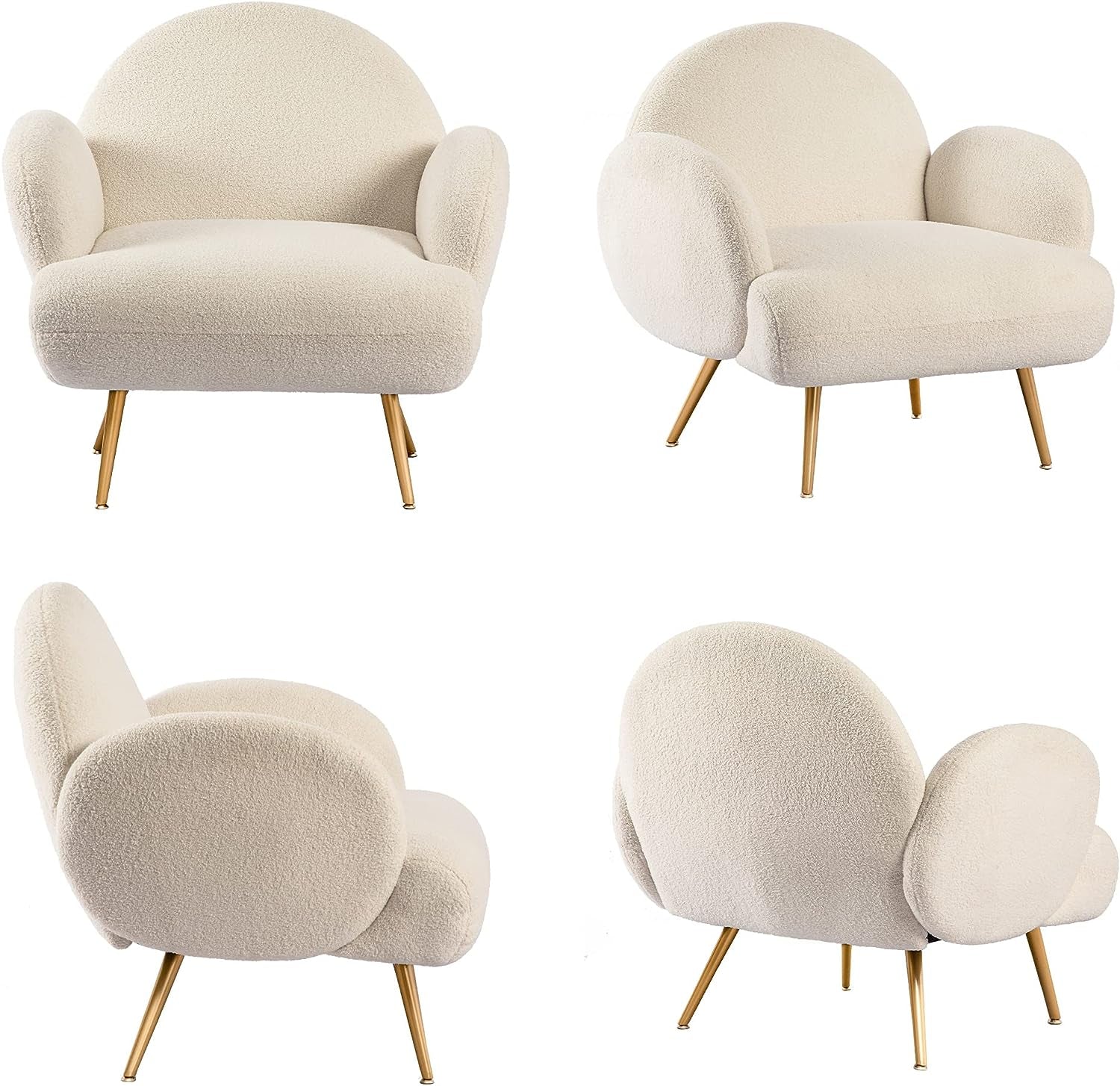 White Accent Sherpa Chair - Comfy Modern Armchair with Golden Metal Legs Mid-Century Sofa Chair