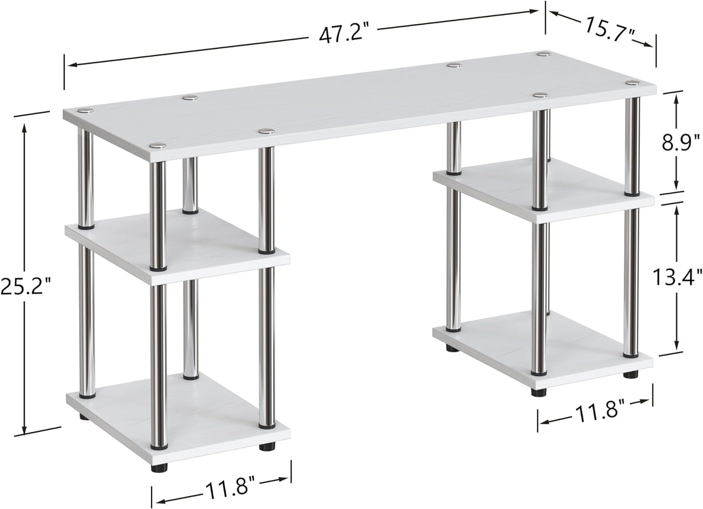 Spacious Computer Desk with Storage Shelves - Contemporary Laptop Table for Study, Writing, and Gaming - Sleek and Minimalist Design - Ideal for Home Office - White Metal Frame