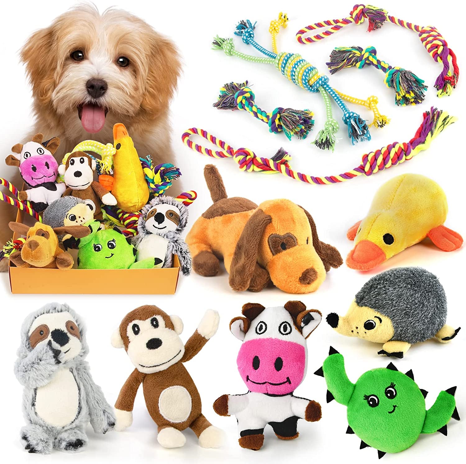 12-Pack Dog Squeaky Toys for Small Dogs - Includes Cute Puppy Toys for Teething - Stuffed Plush Dog Toy Bundle - Natural Cotton Puppy Rope Toy - Ideal Dog Chew Toys for Puppies - Perfect Pet Toys for Small Dogs.