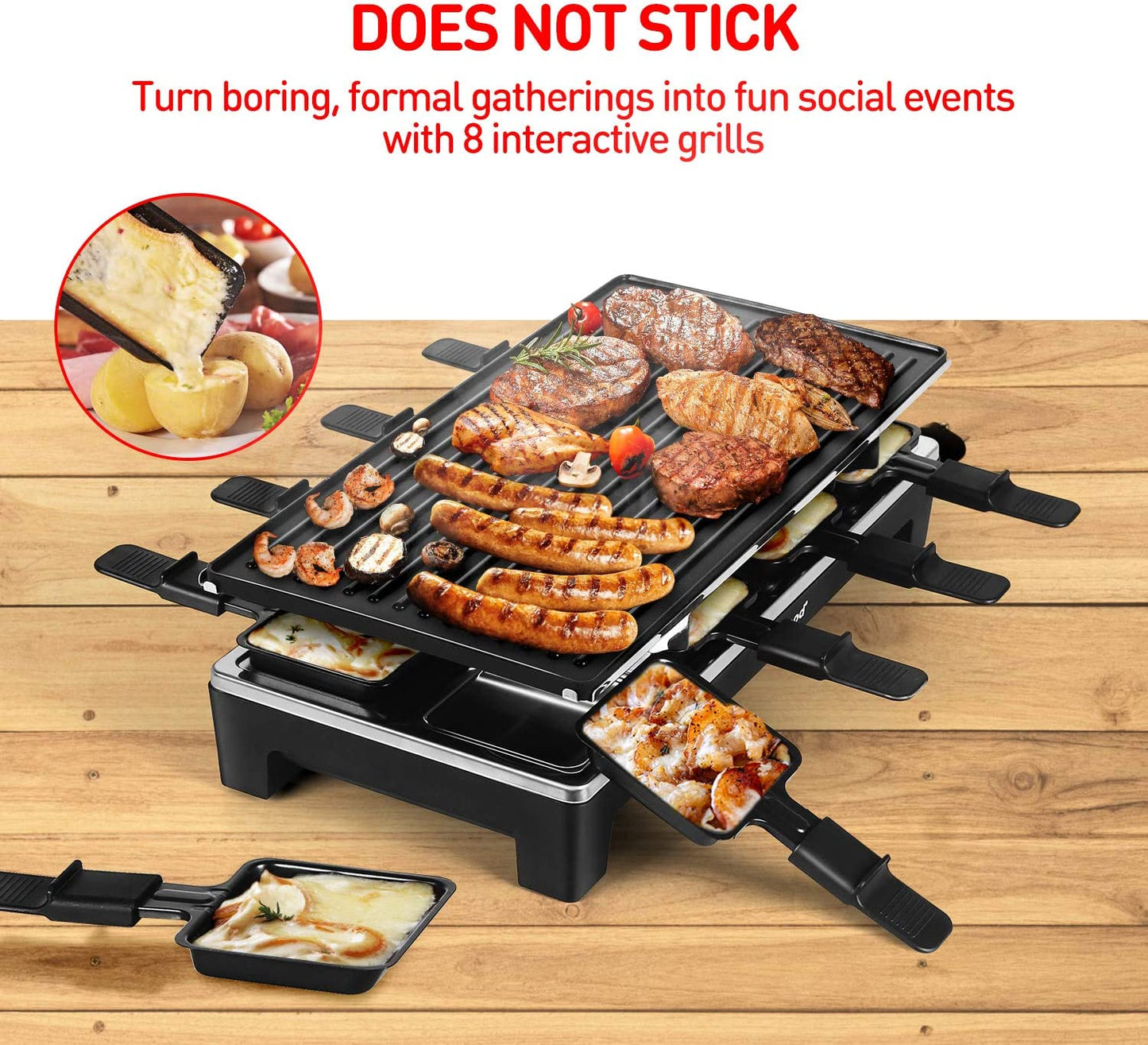 Electric Indoor Korean BBQ Grill - Tabletop Grill with Removable 2-in-1 Non-Stick Grill Plate, 1500W Fast Heating, 8 Cheese Melt Pans Included - Perfect for Parties and Family Gatherings - Black