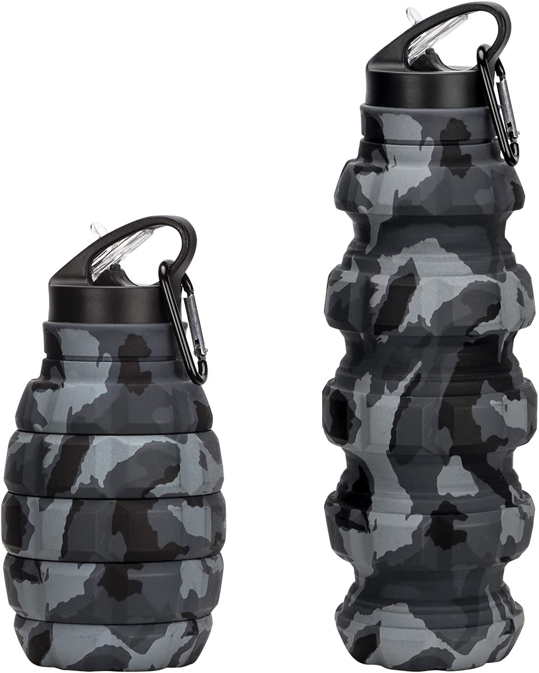 18oz Collapsible Travel Water Bottle - BPA-Free Silicone, Foldable and Reusable - Perfect for Gym, Camping, Hiking - Portable and Leak-Proof Sports Water Bottle with Carabiner - Dark Gray Camouflage Design.