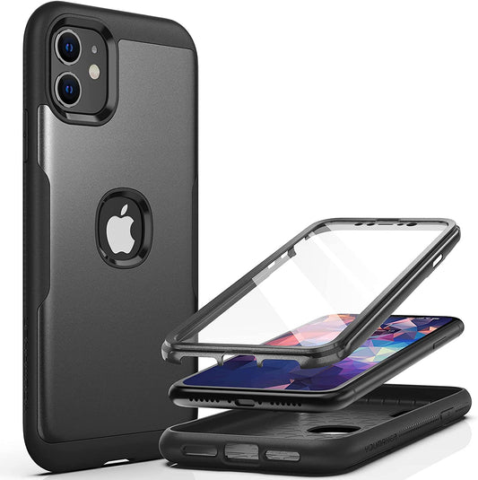 Metallic iPhone 11 Case - Full Body Rugged with Built-in Screen Protector, Heavy Duty Protection, Slim Fit Shockproof Cover (6.1 Inch, Black)