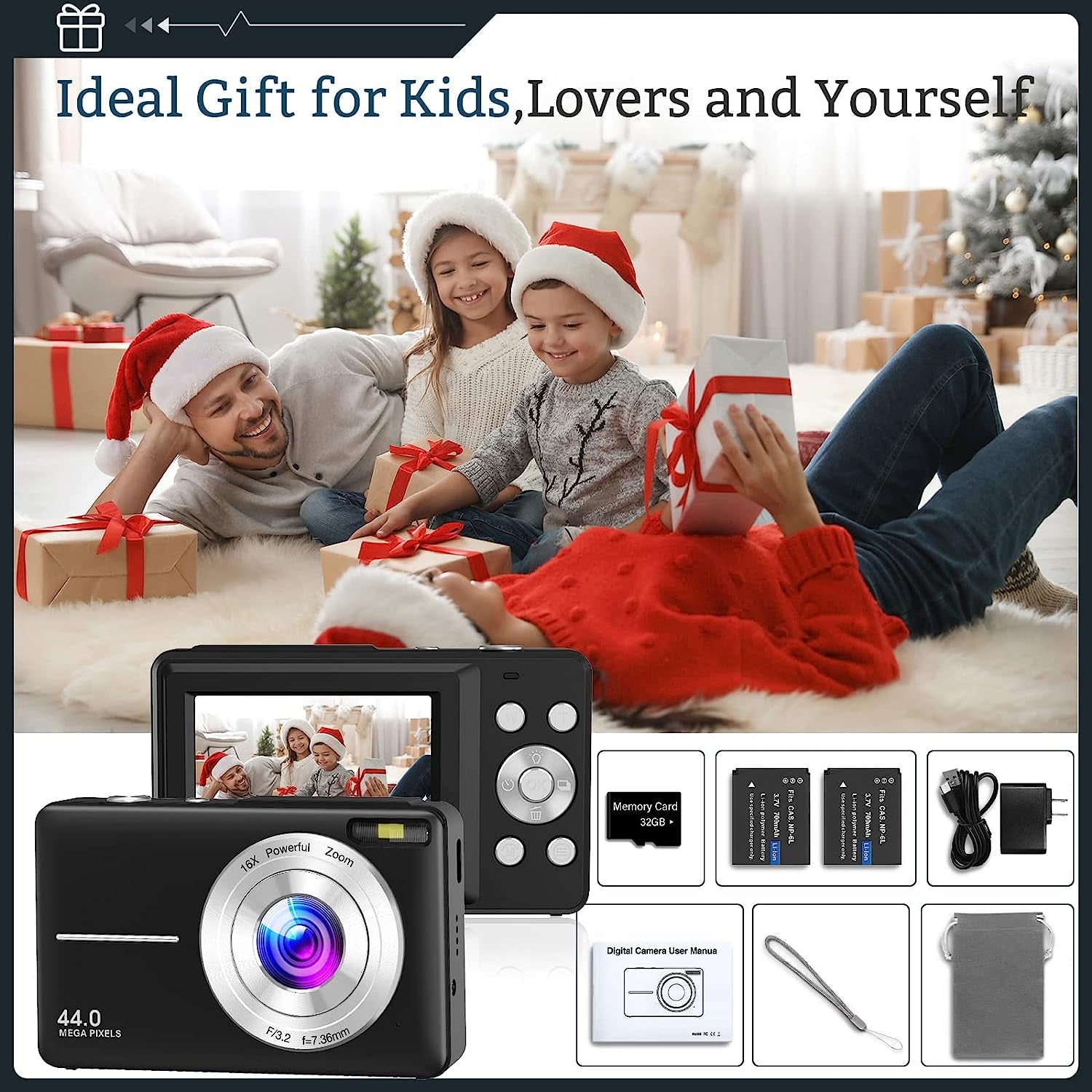 Kids Digital Camera with 32GB Card, FHD 1080P 44MP Compact Vlogging Camera, Point and Shoot Camera with 16X Digital Zoom, Portable Mini Camera for Teens and Students (Black)