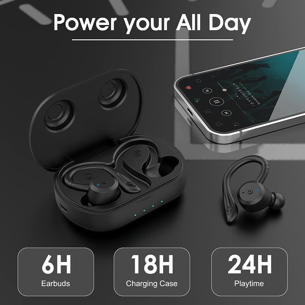 Wireless Bluetooth Sport Earbuds - IPX7 Waterproof, Earhook Design, Stereo Sound, Built-in Mic, Portable Charging Case (Black)