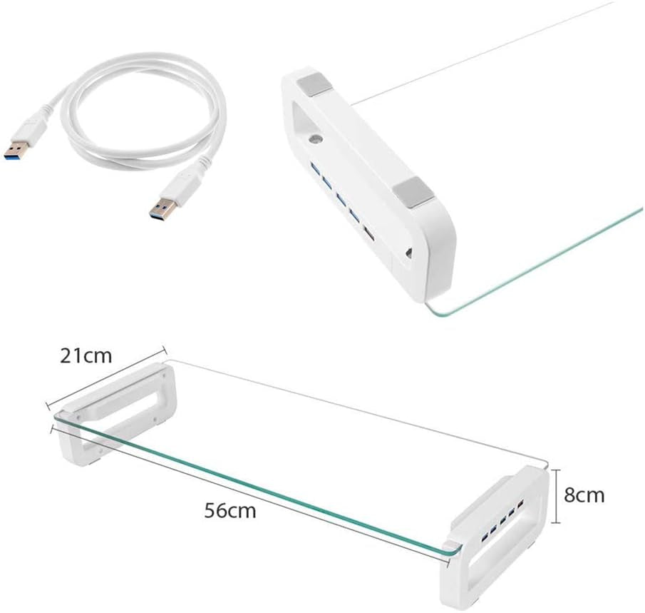 Tempered Glass Monitor Stand Riser with Built-in 4-Port USB 3.0 Hub - Enhances Desk Space, Offers Quick Charge and High-Speed Data Transfer at 5Gbps, Includes USB Cable; Suitable for Laptops, PCs, MacBooks, and More, in a Sleek White Design