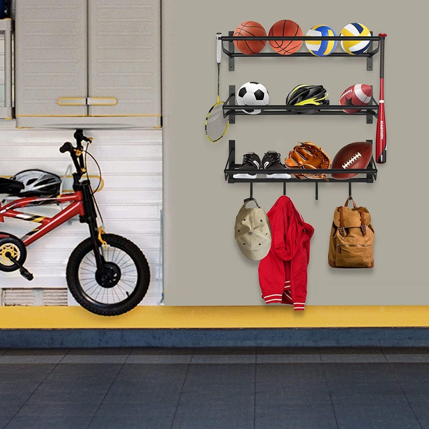 Wall-Mounted Sports Equipment Storage Shelf: Garage Ball Storage Rack with Hooks for Basketball, Black