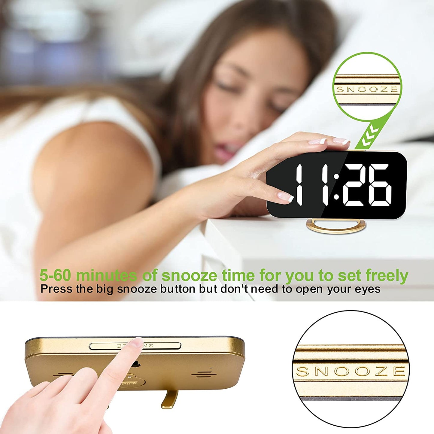LED Digital Alarm Clock with Large Mirror Display, Dual USB Charger Ports, 3 Levels Brightness, 12/24H Format, Modern Electronic Clock for Bedroom, Home, Living Room, Office - Gold
