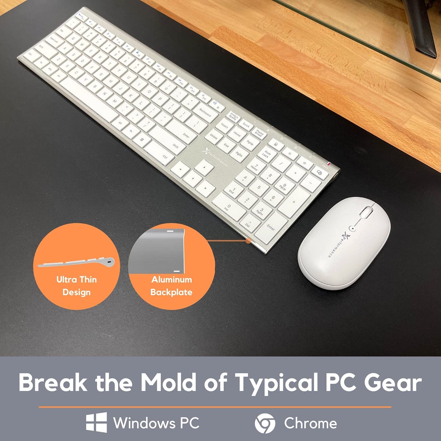 Wireless Keyboard and Mouse Combo for PC - Slim Design with 110 Keys, Aluminum Finish, and White Quiet Click Mouse - Advanced 2.4Ghz Connectivity