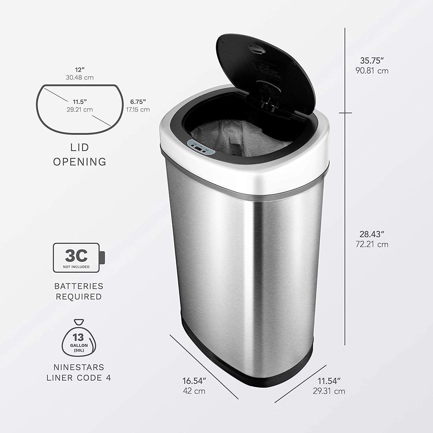 13.2-Gallon Stainless Steel Infrared Touchless Trash Can