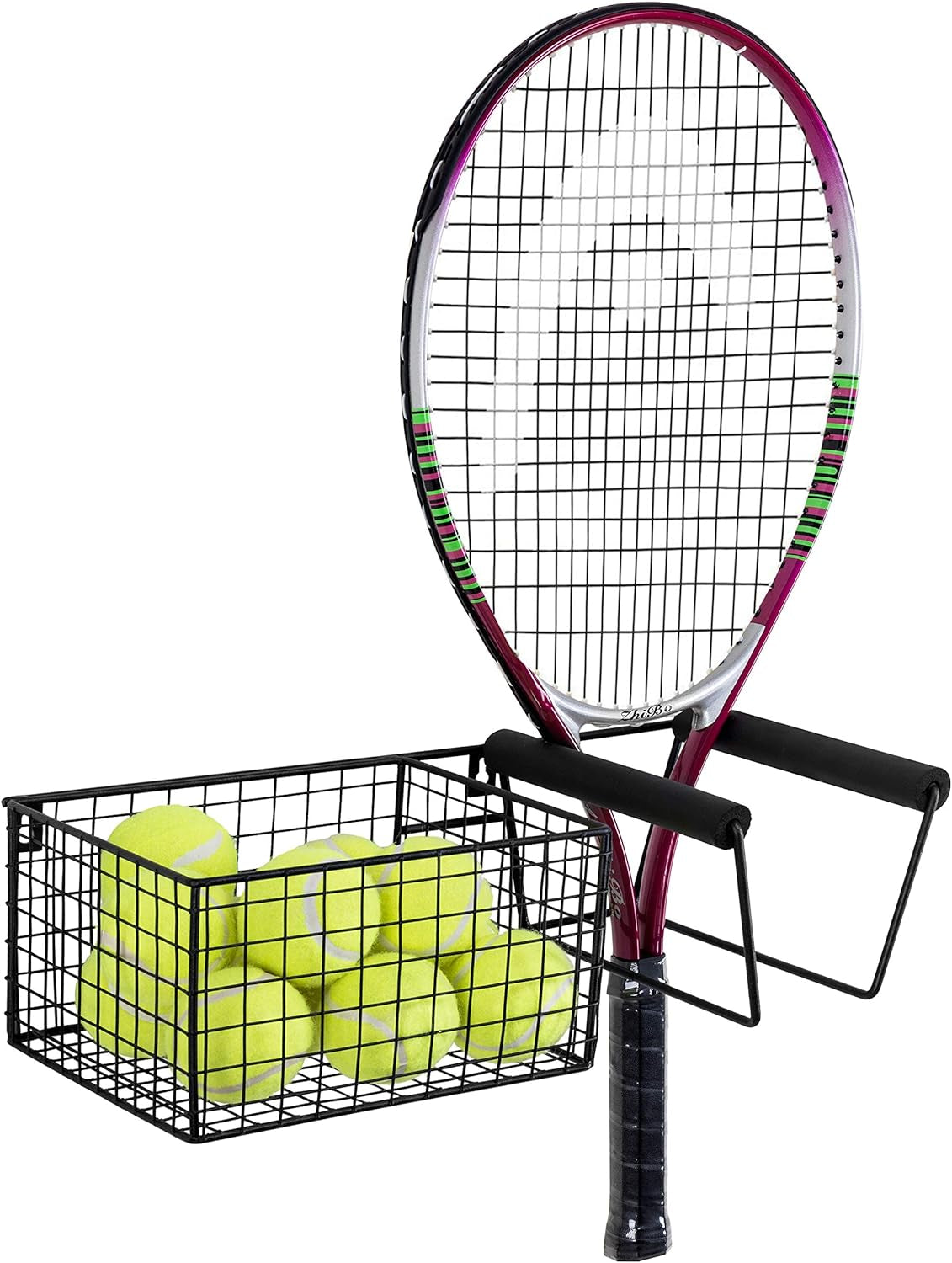 Wall-Mounted Metal Tennis Racket Holder with Integrated Ball Storage Basket 