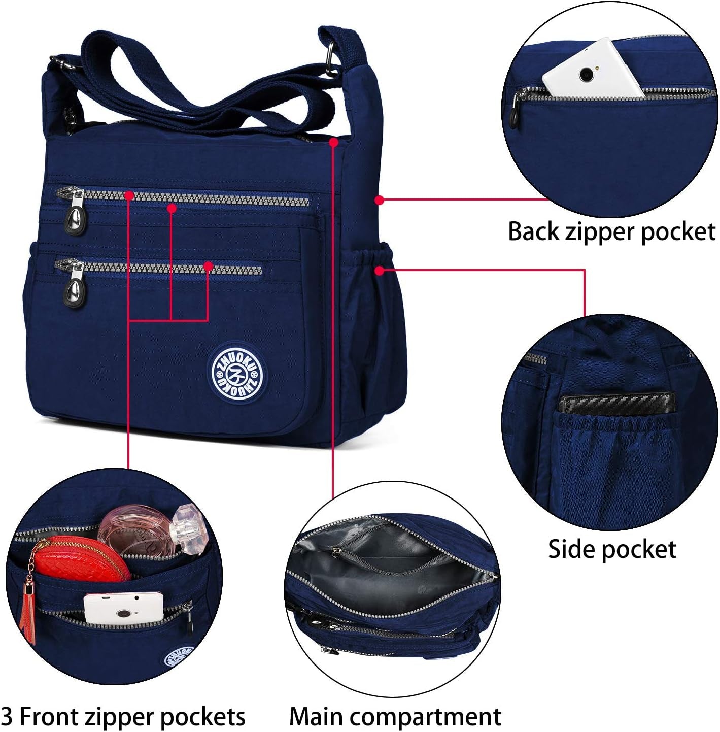 Fashion Women Nylon Shoulder Bag Waterproof Crossbody Purse Organize Travel Messenger Bag Deep Blue