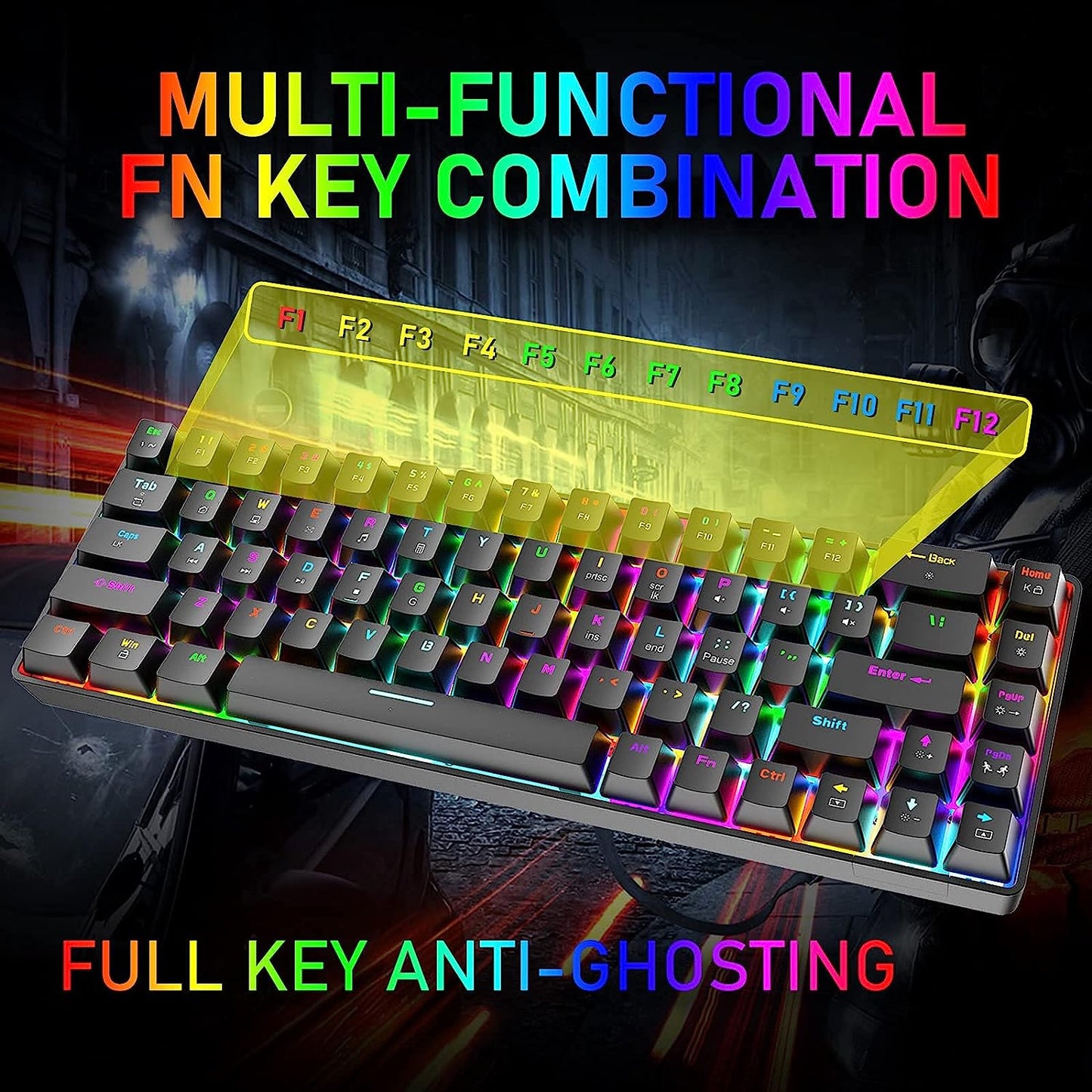 60% Mechanical Gaming Keyboard and Mouse Combo: Ergonomic Mini Anti-Ghosting 68Key with 18 Chroma RGB Backlight. Includes Honeycomb Mice with 6400DPI and Type-C Wired Connection. Ideal for PC, Mac, Gamer  Black+Red