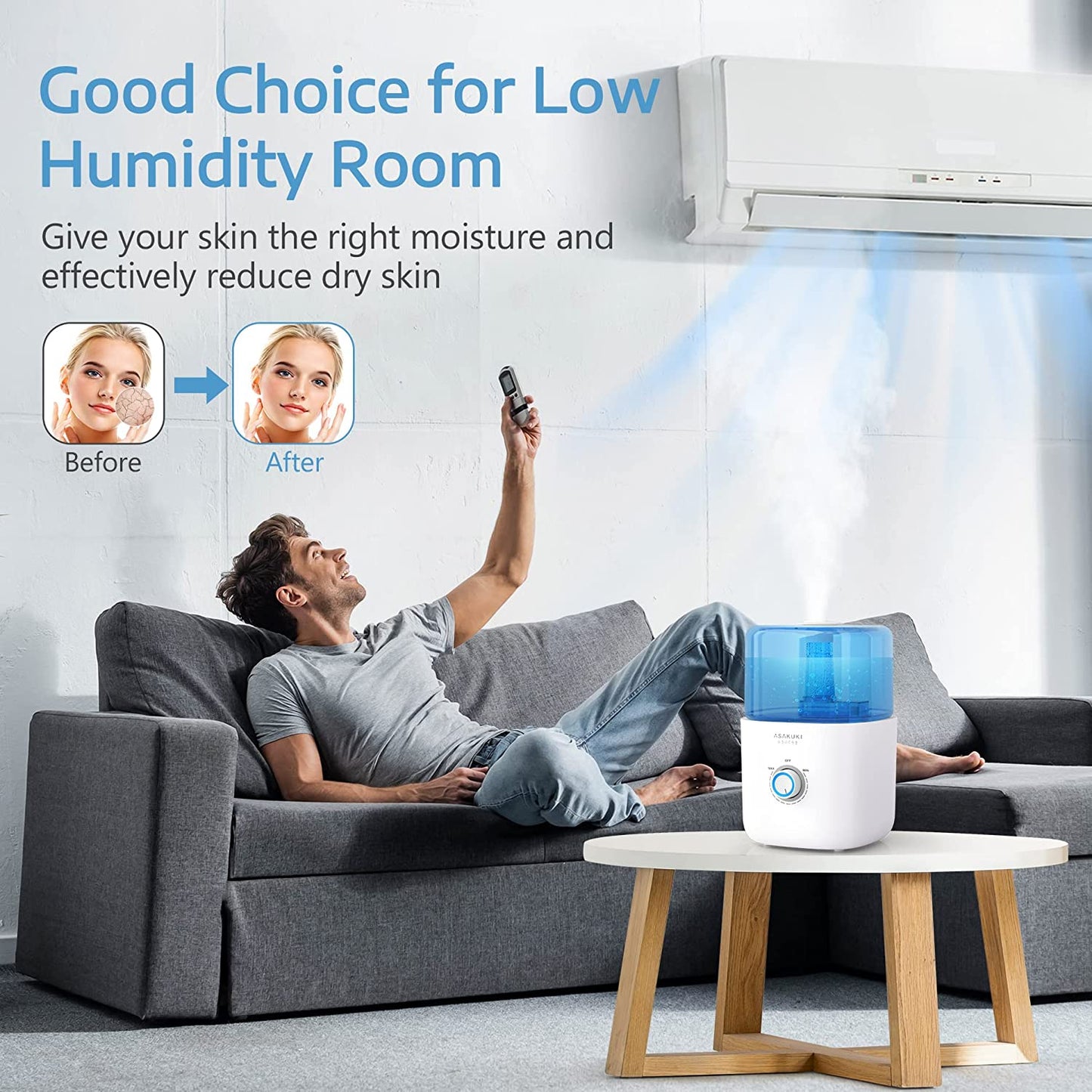 Bedroom Humidifier: Top Fill Design with 3L Capacity, also Works as an Oil Diffuser. Suitable for Baby, Kids, Nursery, and Plants. Operates Quietly at 22dB Ultrasonic Humidification with 300ml/H Output. Features 360° Nozzle and Auto Off Function.