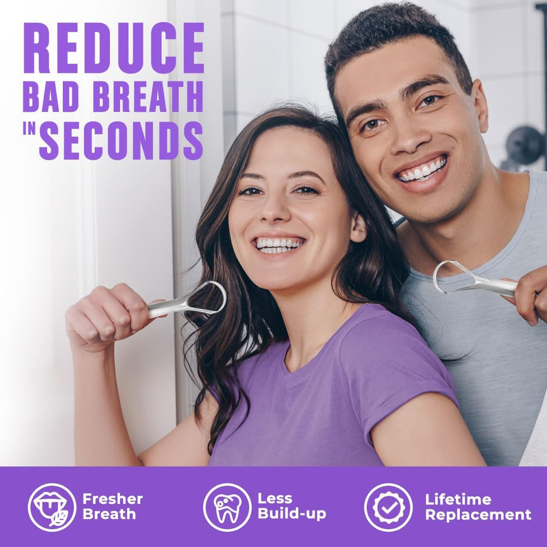 Stainless Steel Tongue Scraper (2 Pack) for Fresher Breath, Effective Bad Breath Reduction, 100% BPA Free Tongue Cleaners