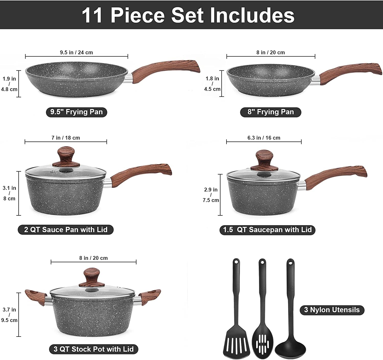 11 Piece Die-Casting Cookware Set with Pre-Installed Nonstick Granite Coating, Including Frying Pan, Sauce Pan, Cooking Pot, Kitchen Utensils - Gas/Induction Compatible and 100% PFOA Free