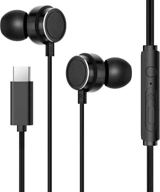 W2 USB C Wired Headphones - Hi-Fi Stereo Noise-canceling Earbuds with Microphone and Anti-Tangle Wire - Compatible with iOS and Android