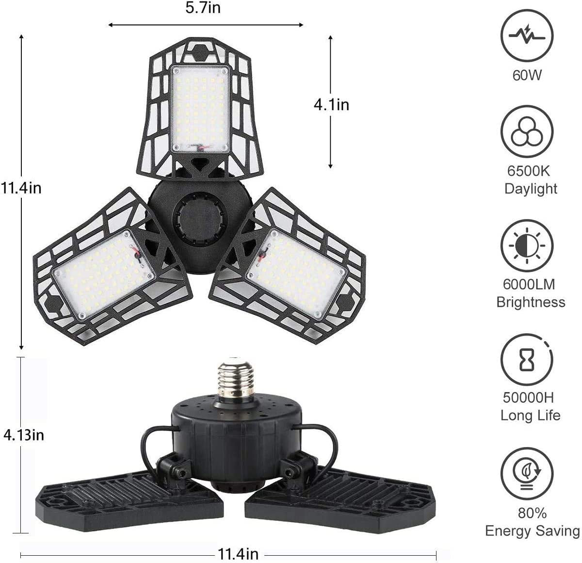 LED Garage Ceiling Light - 6000 Lumen 6500K Daylight 60W, Three Leaf Garage Lighting - Pack of 2