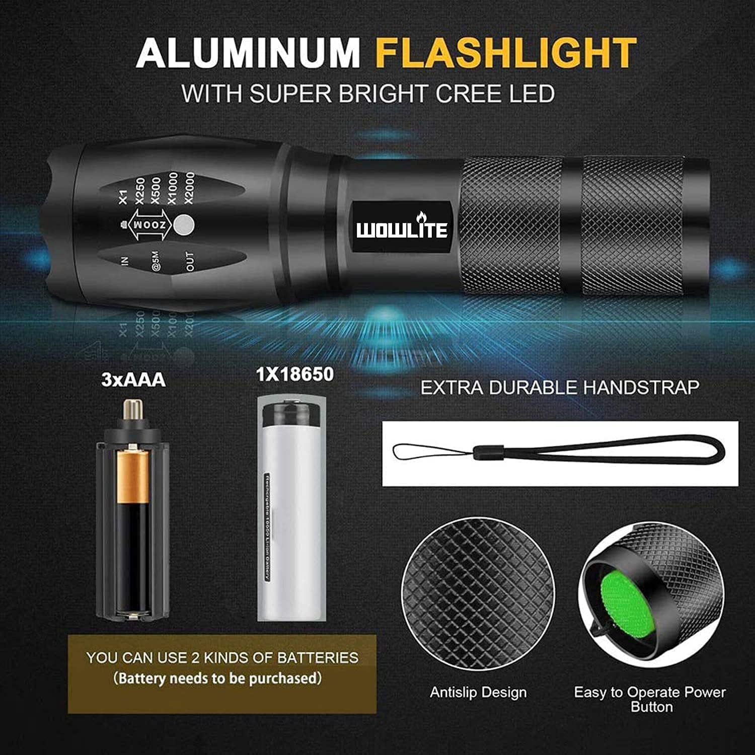 Tactical Flashlight: Ultra Bright XML T6 LED Torch with 5 Light Modes & Adjustable Focus. Comes in a 2-Pack, Ideal for Emergency, Camping, and Hiking.