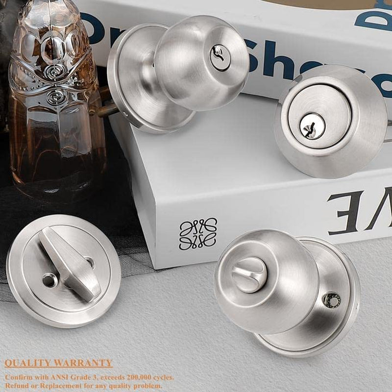 Entry Door Knob and Deadbolt Lock Set - Includes 3 Sets of Handlesets with Single Cylinder Deadbolts Keyed Alike. Suitable for Right or Left-Handed Doors, for both Exterior and Interior Use.