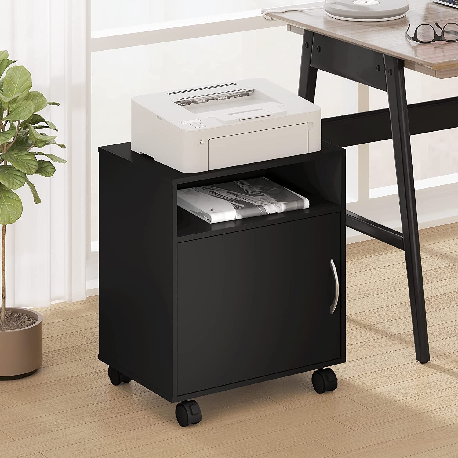 Black Wood Rolling File Cabinet: Printer Stand with Adjustable Storage, Mobile Work Cart on Wheels for Home Office