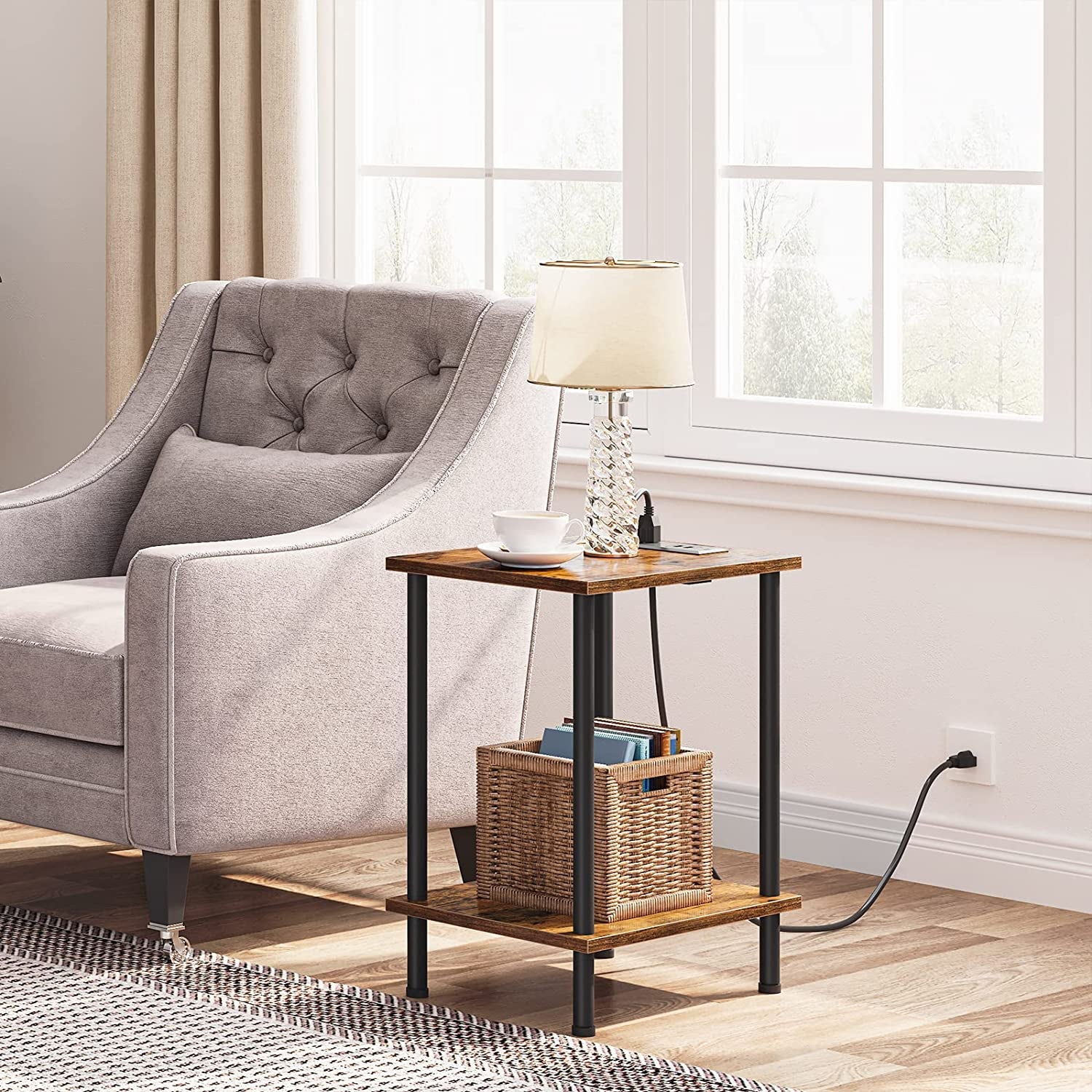 Charging Station Side Table: Rustic Brown End Table with USB Ports, Outlet, and 2-Layer Storage Shelves - Perfect for Small Spaces, Living Room, Bedroom - Stable Frame