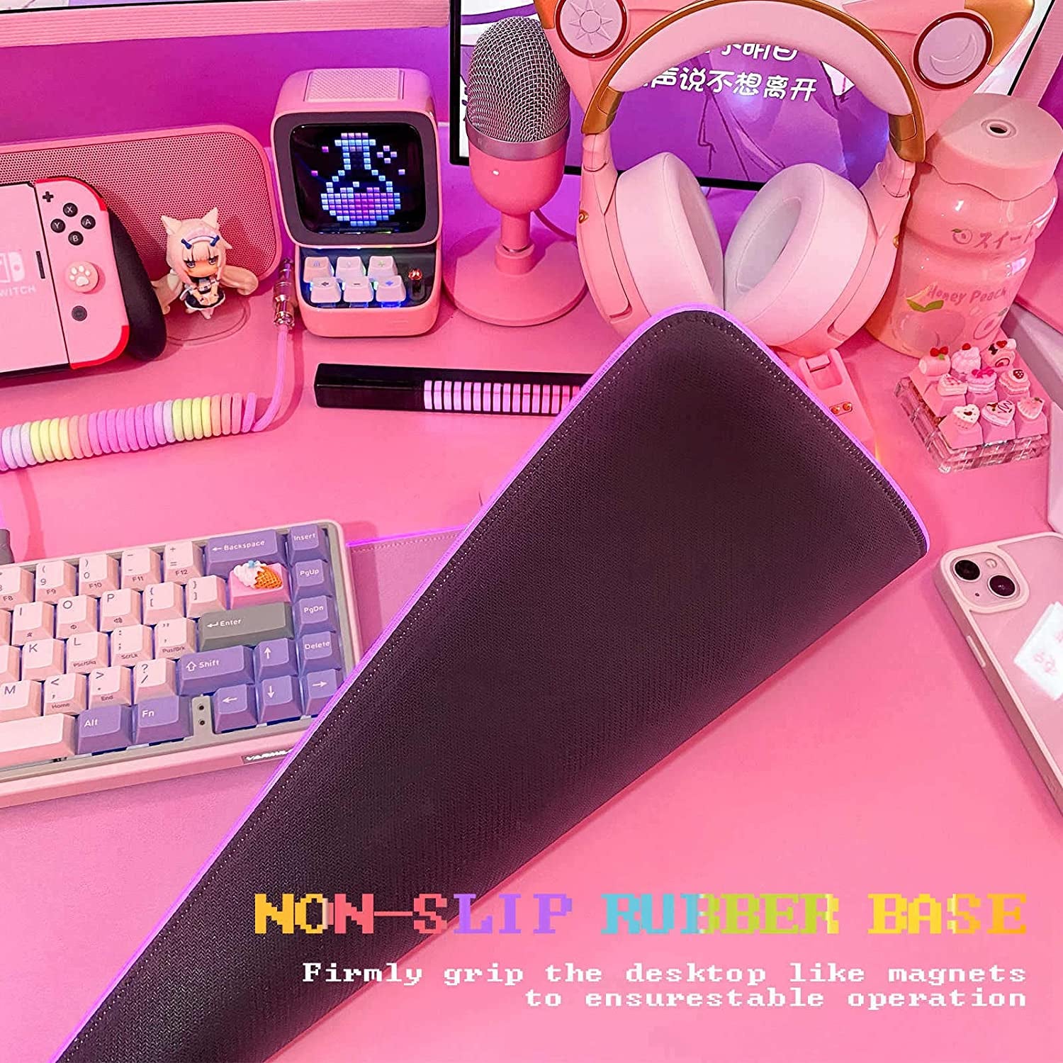 Pink RGB Gaming Mouse Pad - 31.5X12 Inch, XL Extended Size, Glowing LED Light, Non-Slip Rubber Base, Cute Design 