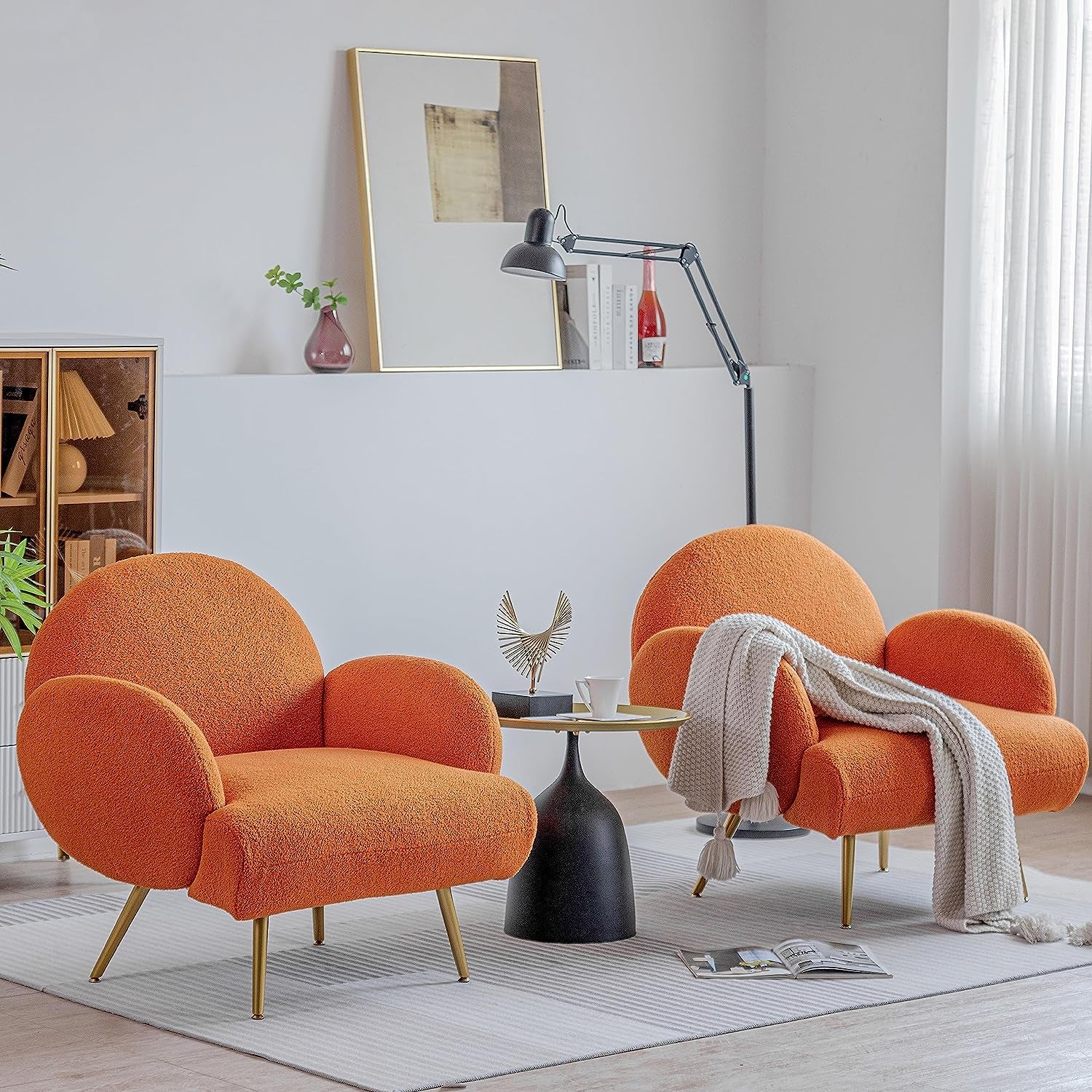 Orange Accent Sherpa Chair - Comfy Modern Armchair with Golden Metal Legs Mid-Century Sofa Chair