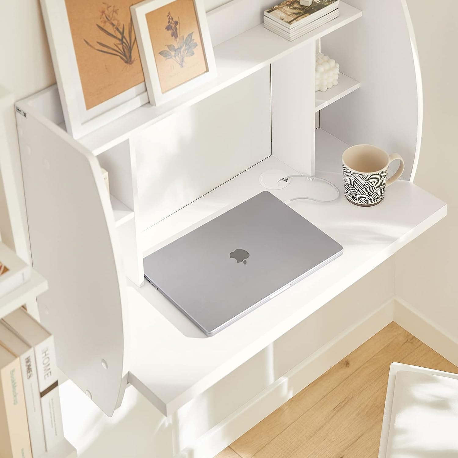 Wall-Mounted Computer Desk with Storage Shelves for Home Office Workstation - White Color