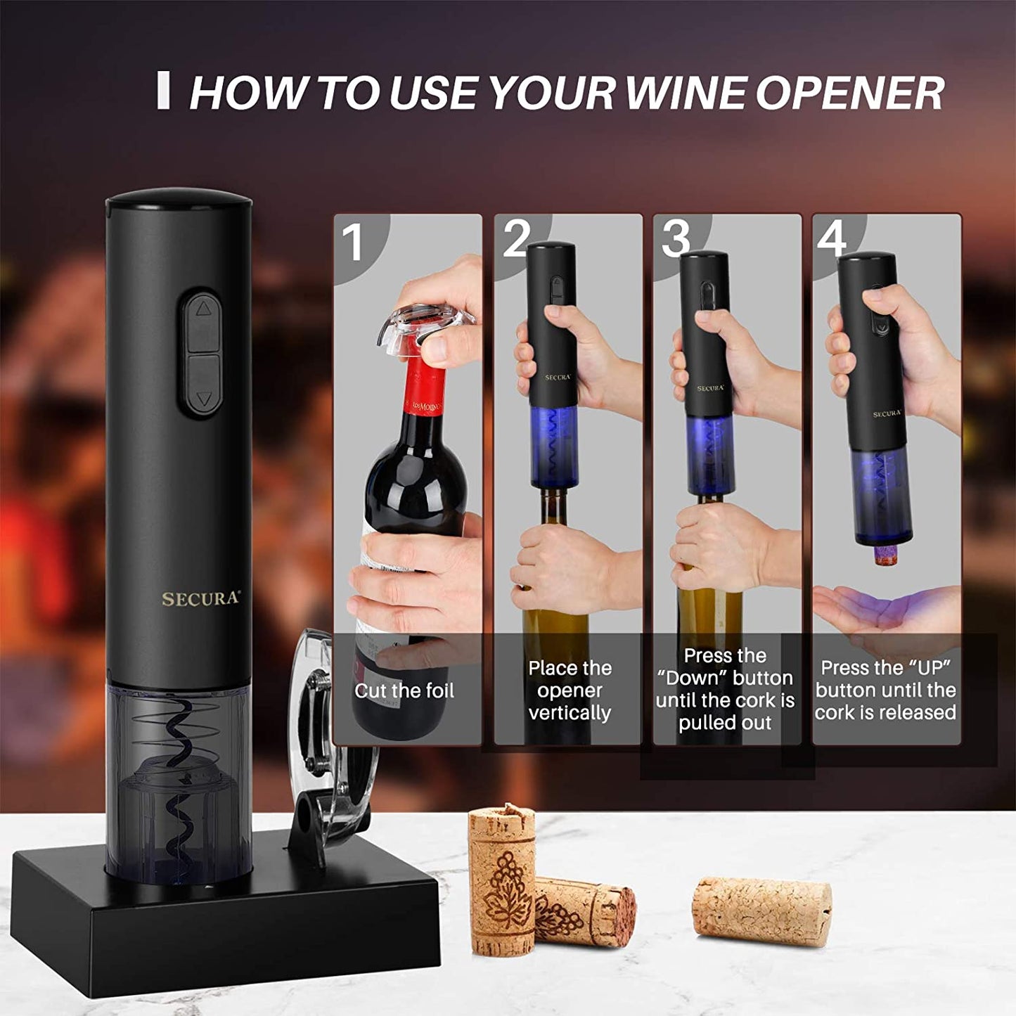 Rechargeable Automatic Electric Wine Bottle Corkscrew Opener with Foil Cutter (Black)