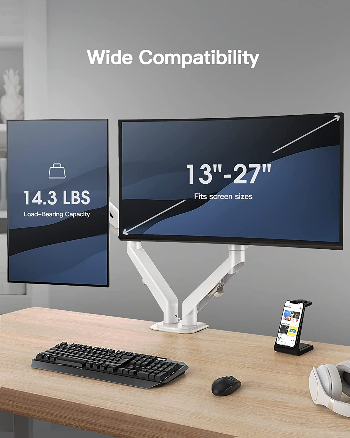 White Dual Monitor Stand with Gas Spring Adjustment - Supports 13-27 inch Screens up to 14.3 lbs Each, Featuring Dual Arms for Swivel, Tilt, Rotation, and Extension, Max VESA 100x100 Compatibility.