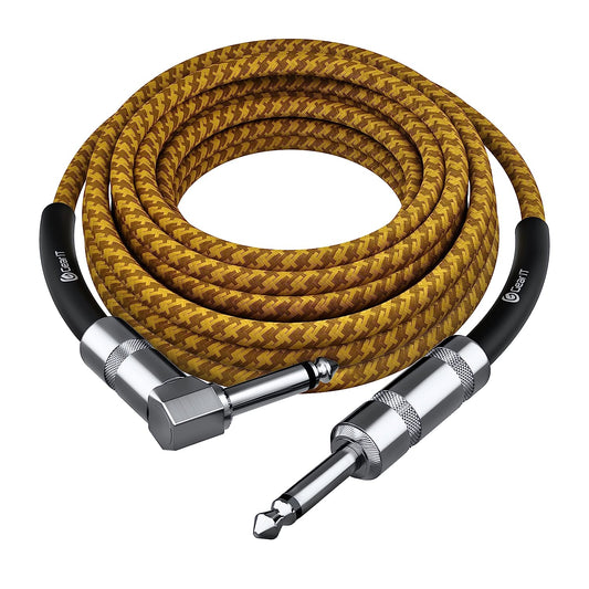 20ft Audio Instrument Cable - Features Right Angle to Straight 1/4 Inch Male to Male connectors, suitable for AMP Cord, Bass, and Electric Guitar use. Available in a Brown/Yellow color combination.