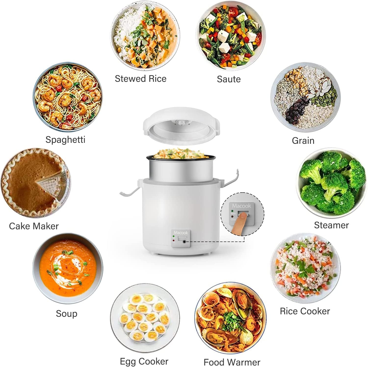 Small Rice Cooker: Cooks 1-1.5 Cups Uncooked (3 Cups Cooked) for 1-2 Persons. Includes Bento Box and Removable Nonstick Pot. Features One Touch and Keep Warm Function. Portable and Suitable for Soup, Grains, Oatmeal, and Veggies. Color: Gray.