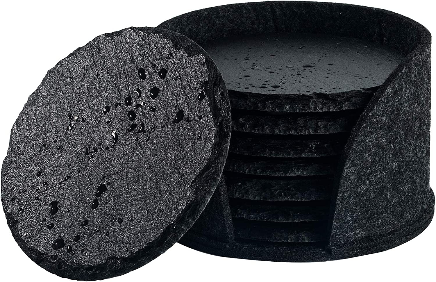 Set of 8 Eco-Friendly Round Slate Drink Coasters with Holder - Perfect for Drinks at Bars and Home. These Slate Stone Coasters are 4 inches in diameter and come in Black.